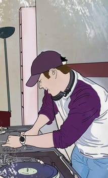 Male disc jockey operating a sound mixer