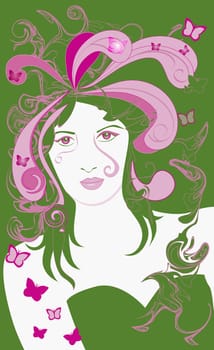 Portrait of a woman with butterflies around her