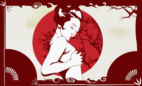Side profile of a naked woman covering her breasts