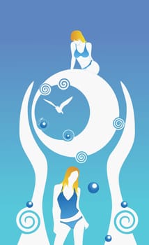 Woman sitting on a circle and another standing under her