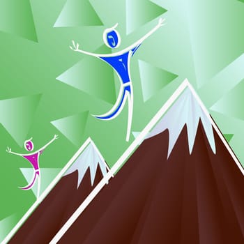 Two men walking towards mountain peaks