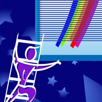Man standing on a ladder and reaching out for a rainbow
