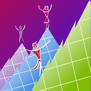 Three people standing on mountain peaks