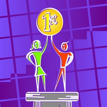 Two people holding a medal