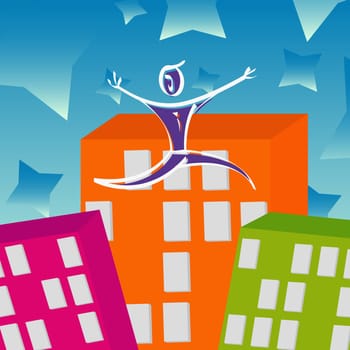 Man jumping over buildings
