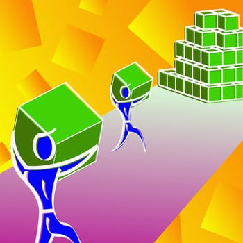 Rear view of two men carrying cubes