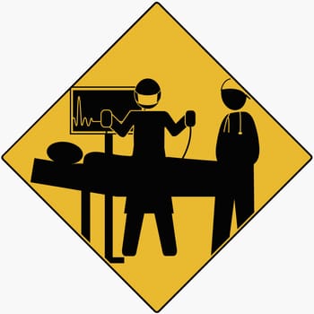 Silhouette of two doctors giving an electric shock to a patient