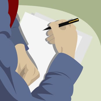 High angle view of a businessman writing on paper