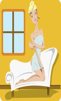 Woman kneeling on a chaise lounge