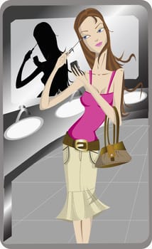 Young woman applying eyeliner in a public bathroom