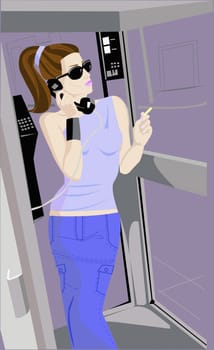 Young woman talking on a pay phone