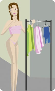 Young woman standing beside a clothing rack