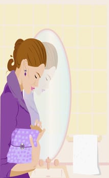Young woman entering a bathroom with her purse