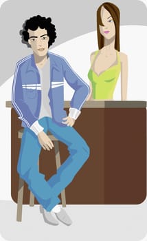 Woman standing behind a man on a bar stool