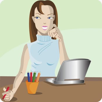 Woman holding a colored pencil and sitting with a laptop