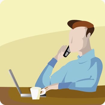 Young man using a laptop and talking on a mobile phone