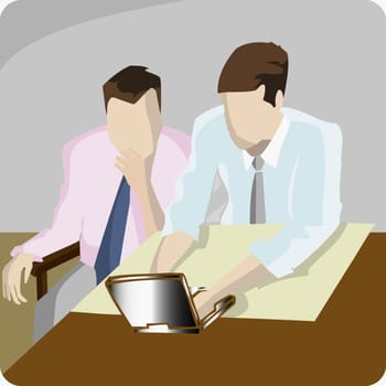 Two businessmen sitting and using a laptop