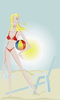 Young woman holding a ball on the beach
