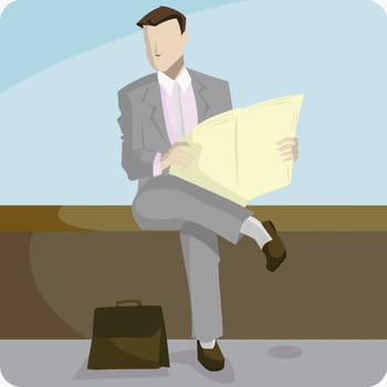 Businessman sitting on a bench and holding a newspaper