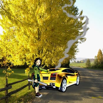 Girl pointing at a car emitting smoke
