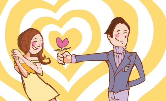 Young man giving a flower to a young woman