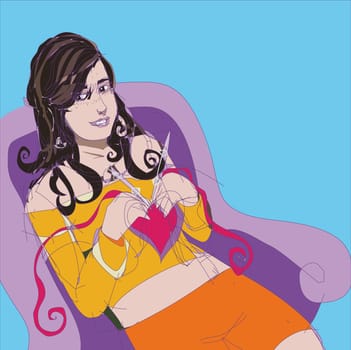 Young woman knitting heart shaped wool