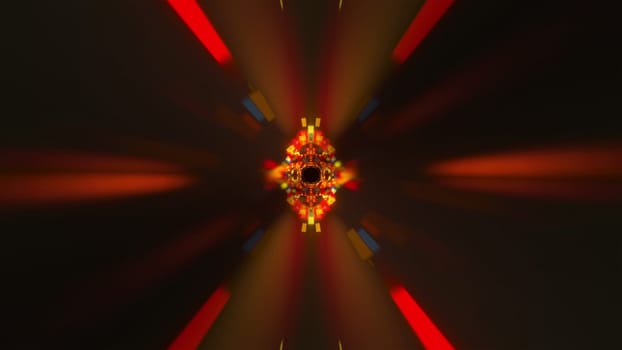 Tunnel with glowing cubes and rays, computer generated. 3d rendering abstract backdrop. Flight inside corridor
