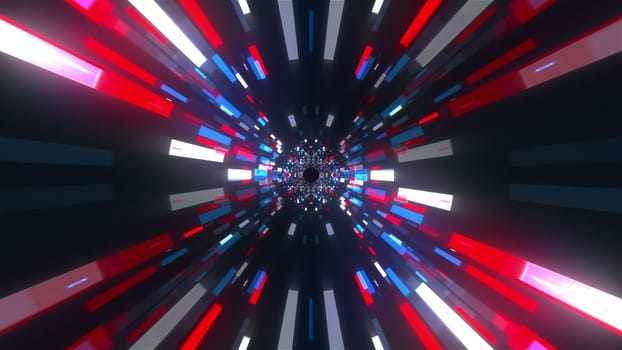 Tunnel with glowing cubes and rays, computer generated. 3d rendering abstract backdrop. Flight inside corridor