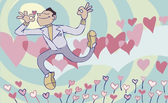 Young man walking on air and smelling a flower