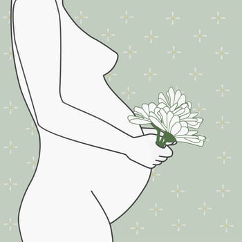 Naked pregnant woman holding a bunch of flowers