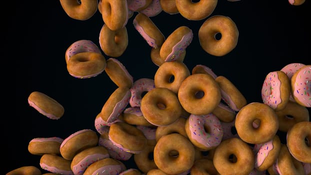 Computer generated many falling donuts and fill the screen. 3d rendering of food backdrop