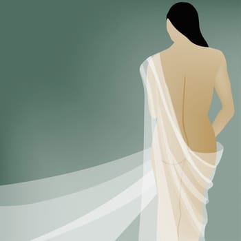 Rear view of a naked young woman draped in cloth