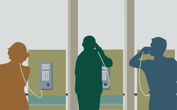 Two young men and a young woman talking on pay phones