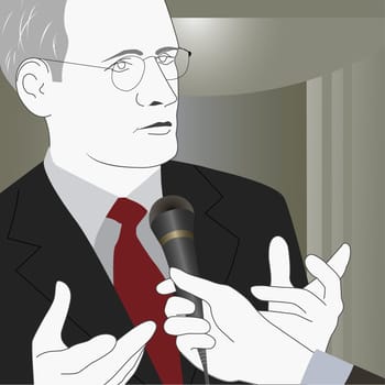 Businessman talking into a microphone during an interview