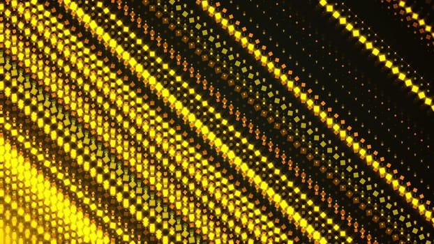 Diagonal beams of golden square particles, computer generated. 3d rendering abstract backdrop