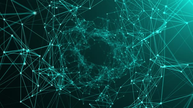 Lines and points form geometric surfaces. Computer generated connection dots tunnel. 3d rendering abstract space backdrop.