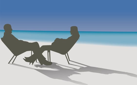 Young man and a young woman sitting on the beach and talking