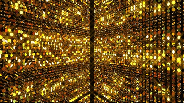 Gold backdrop from many glittering coins, computer generated. 3d rendering luxurious symmetry