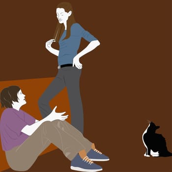Two young women talking with a cat beside them