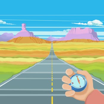 Hand holding a compass over a two lane highway