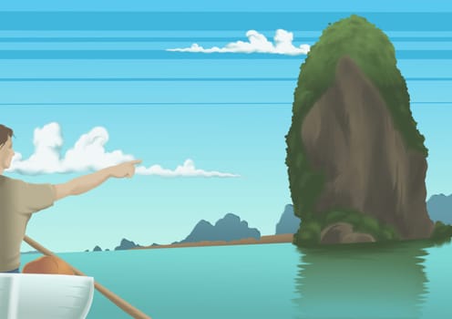 Young man boating and pointing to a rock