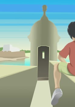 Rear view of a boy sitting on wall in front of a tower