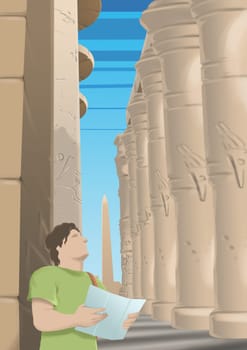Young man standing near columns holding a map
