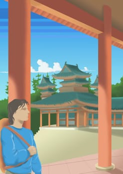 Young man standing in front of a pagoda
