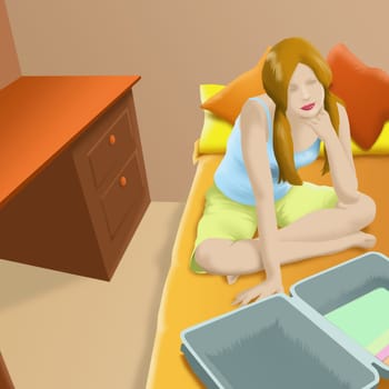 Woman sitting on the bed with open luggage in front of her