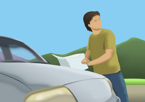 Man standing behind a car and holding a map