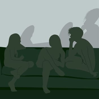 Silhouette of three people sitting on a couch