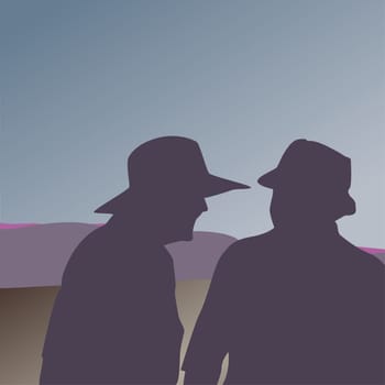 Silhouette of two men talking to each other