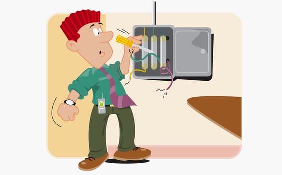 Electrician examining a fuse box with a screwdriver