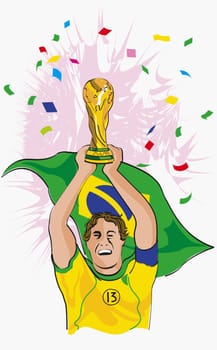 Soccer player holding up the World Cup